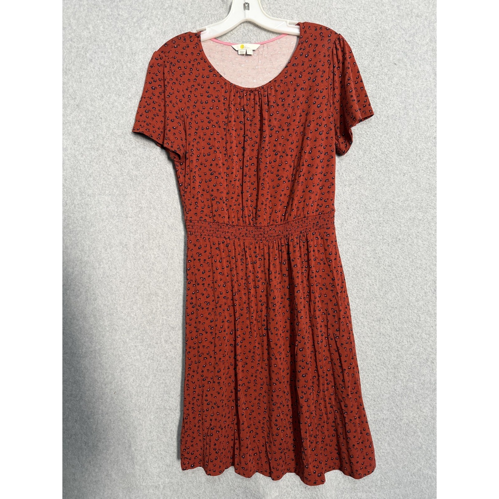Boden Dress Womens 6p Orange Floral Smocked Waist Jersey Fit & Flare Knee Length